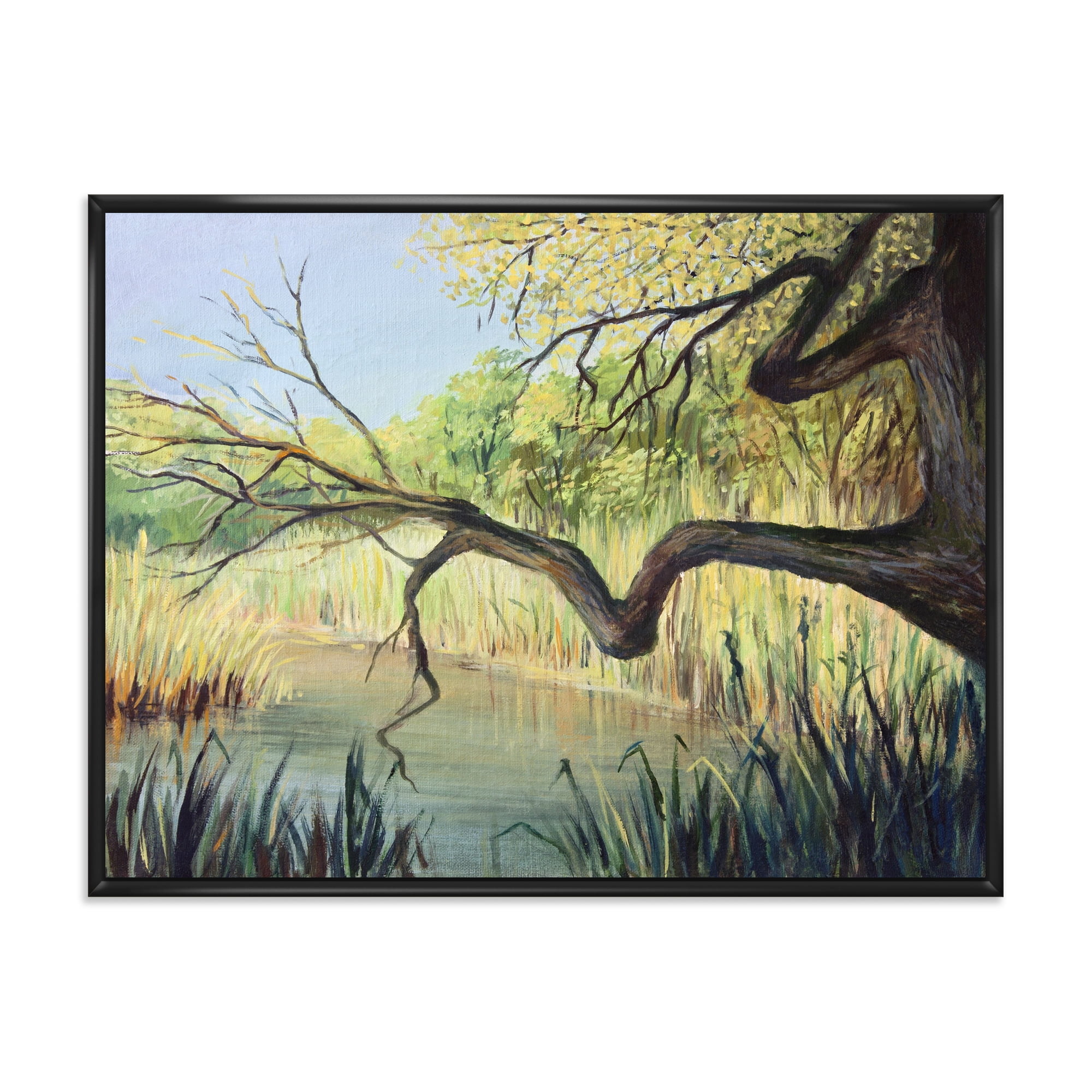 Designart 'The Lake of Silence From The Tree' Lake House Framed Canvas Wall Art Print