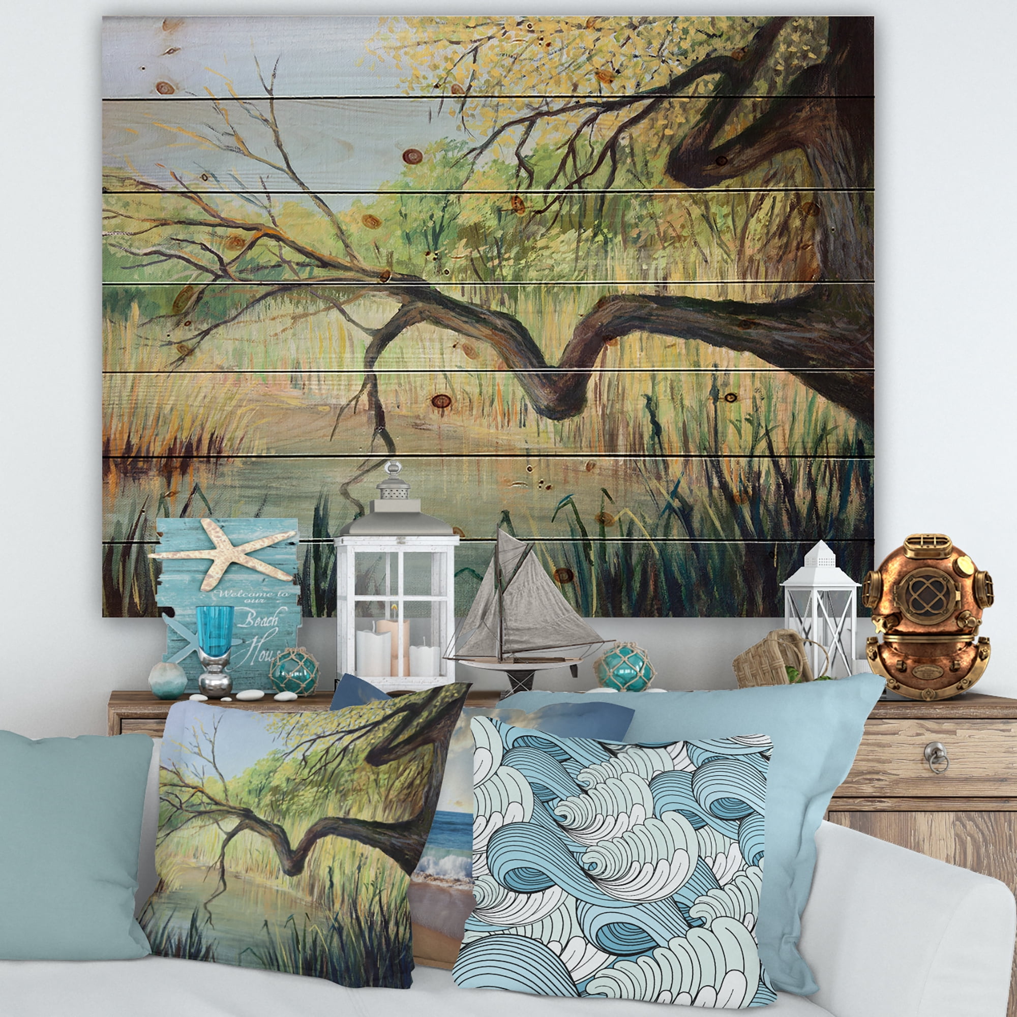 Designart 'The Lake of Silence From The Tree' Lake House Print on Natural Pine Wood