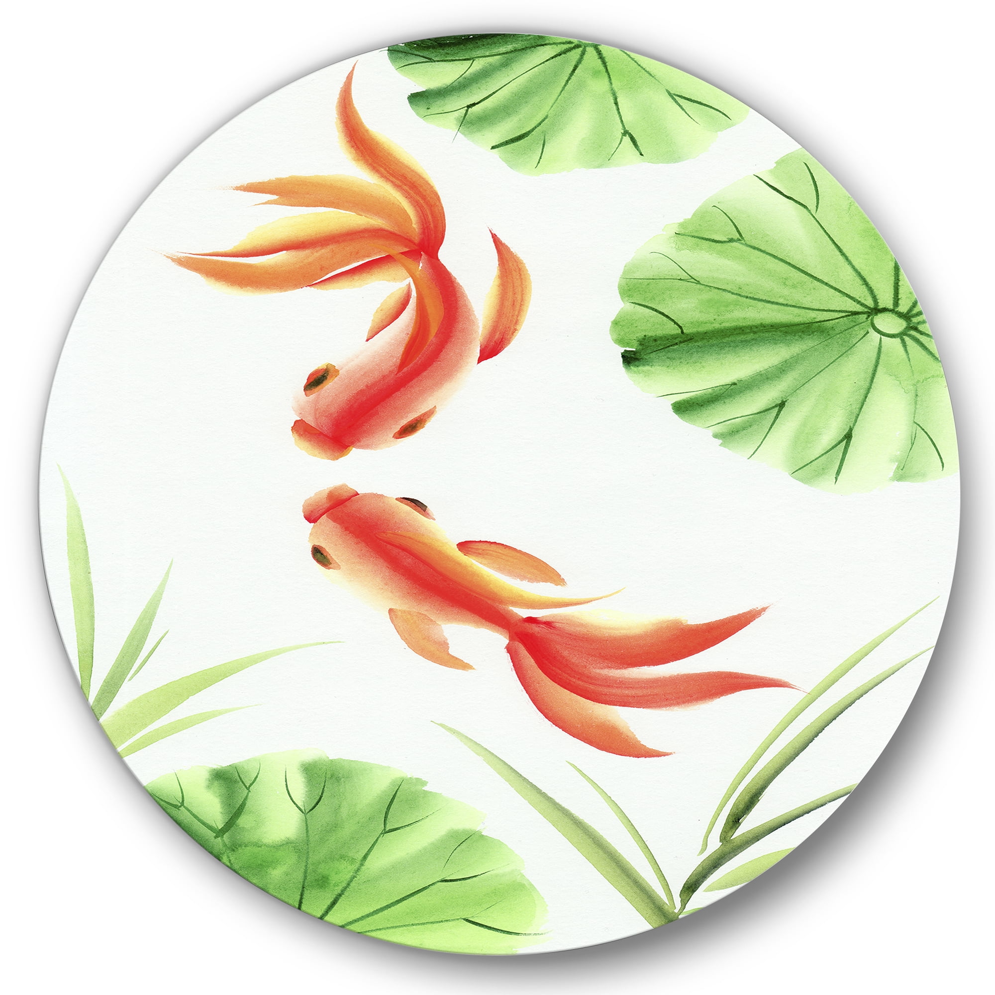 Designart 'The Lotus Leaves With Goldfishes' Nautical & Coastal Circle Metal Wall Art 36x36 - Disc of 36