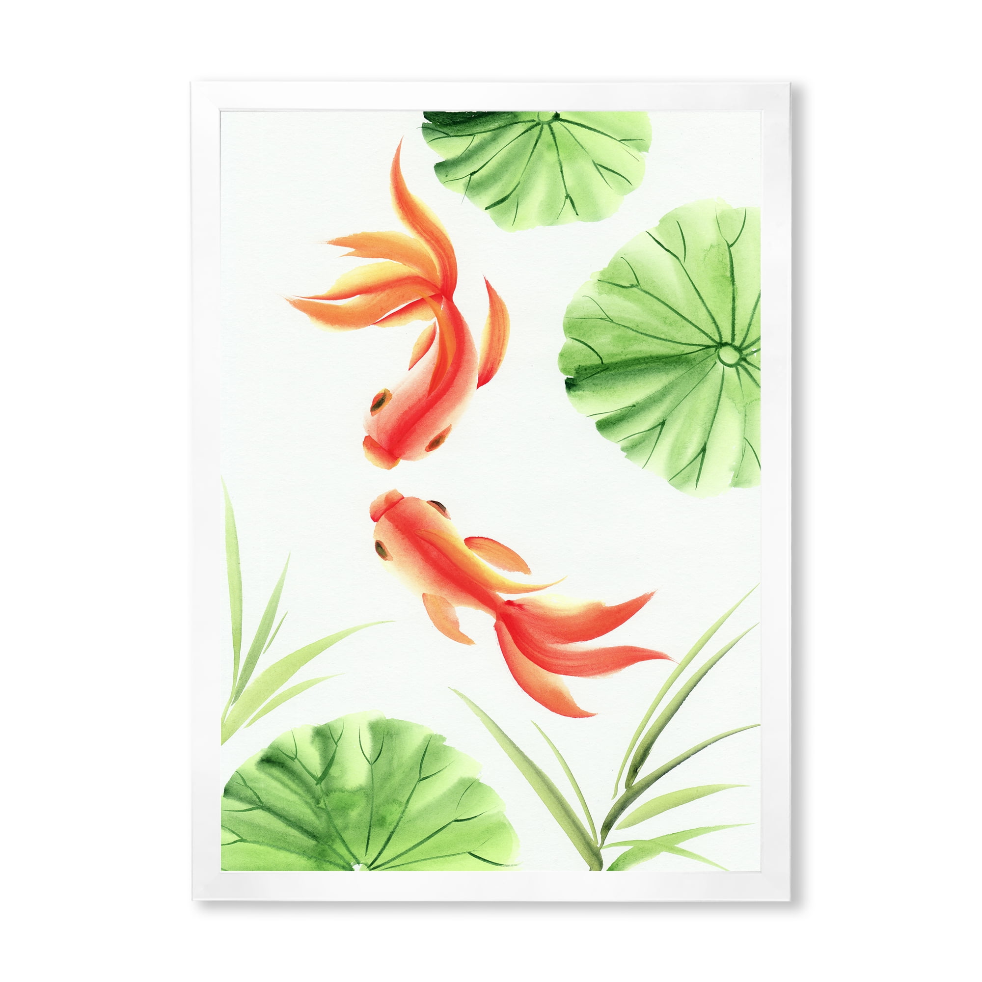 Designart 'The Lotus Leaves With Goldfishes' Nautical & Coastal Framed Art Print