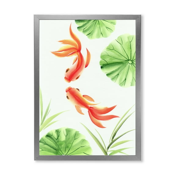 Designart 'The Lotus Leaves With Goldfishes' Nautical & Coastal Framed Art Print