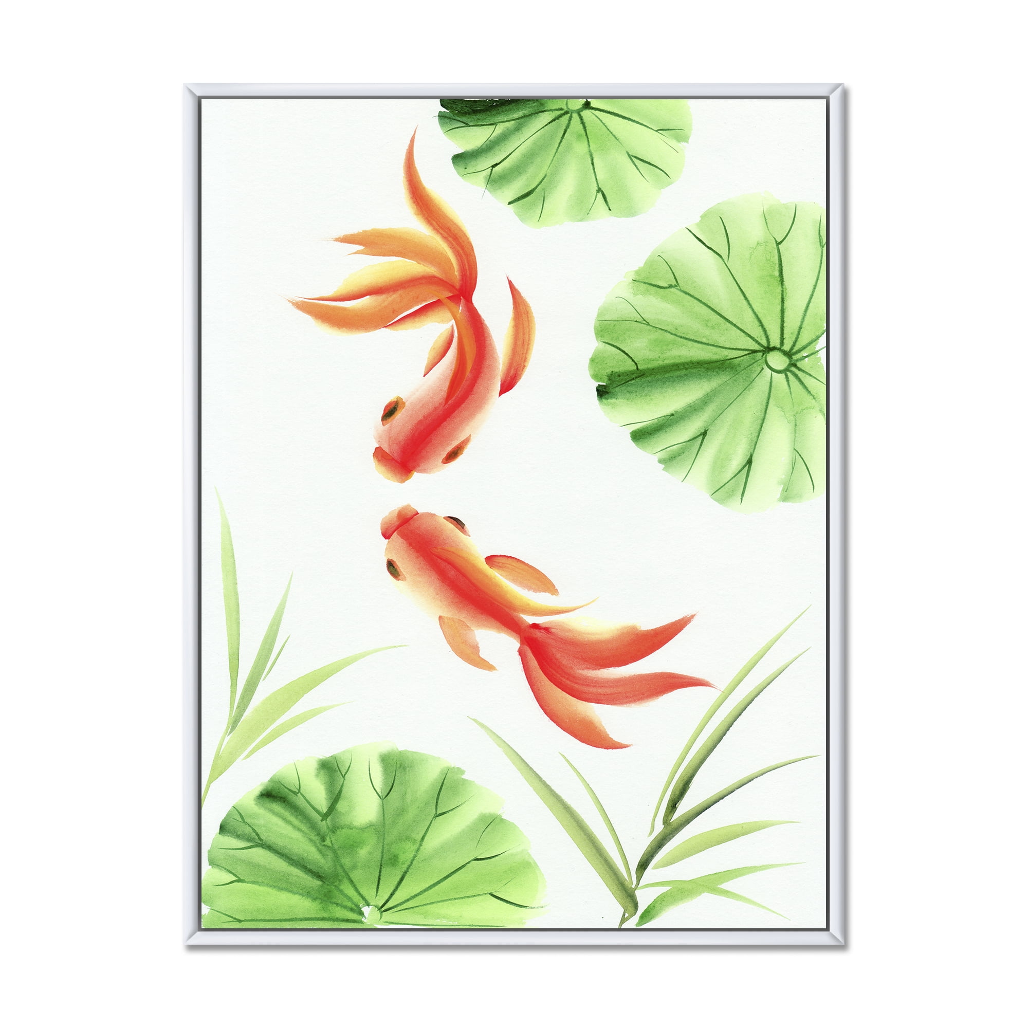 Designart 'The Lotus Leaves With Goldfishes' Nautical & Coastal Framed Canvas Wall Art Print