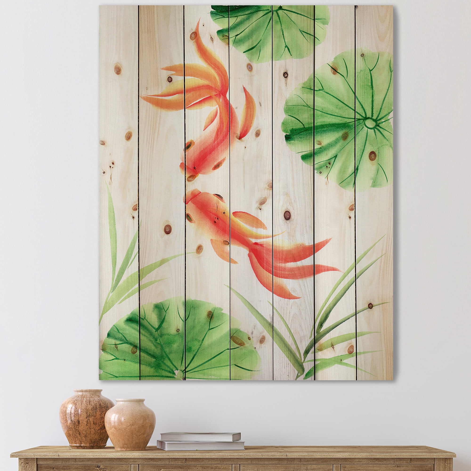 Designart 'The Lotus Leaves With Goldfishes' Nautical & Coastal Print on Natural Pine Wood