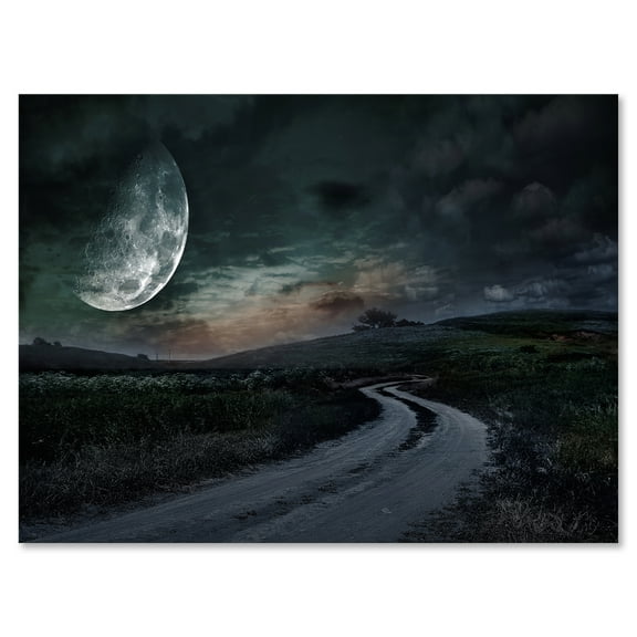 Designart ' The Meadow Under Full Moon With Rural Road Through ' Nautical & Coastal Canvas Wall Art Print