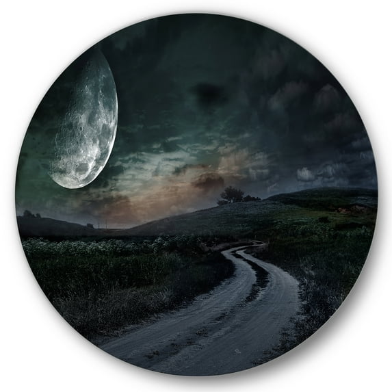 Designart 'The Meadow Under Full Moon With Rural Road Through ' Nautical & Coastal Circle Metal Wall Art 23x23 - Disc of 23