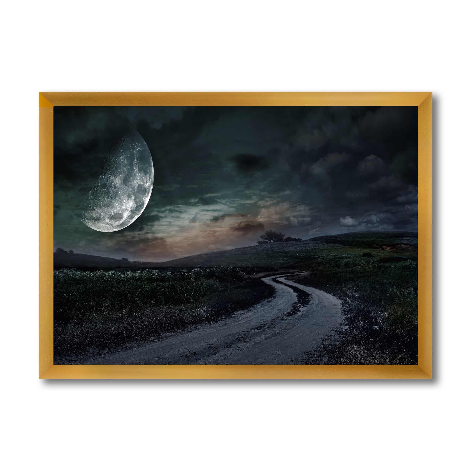 Designart 'The Meadow Under Full Moon With Rural Road Through ' Nautical & Coastal Framed Art Print