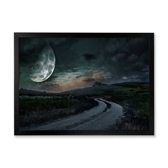 Designart 'The Meadow Under Full Moon With Rural Road Through ' Nautical & Coastal Framed Art Print