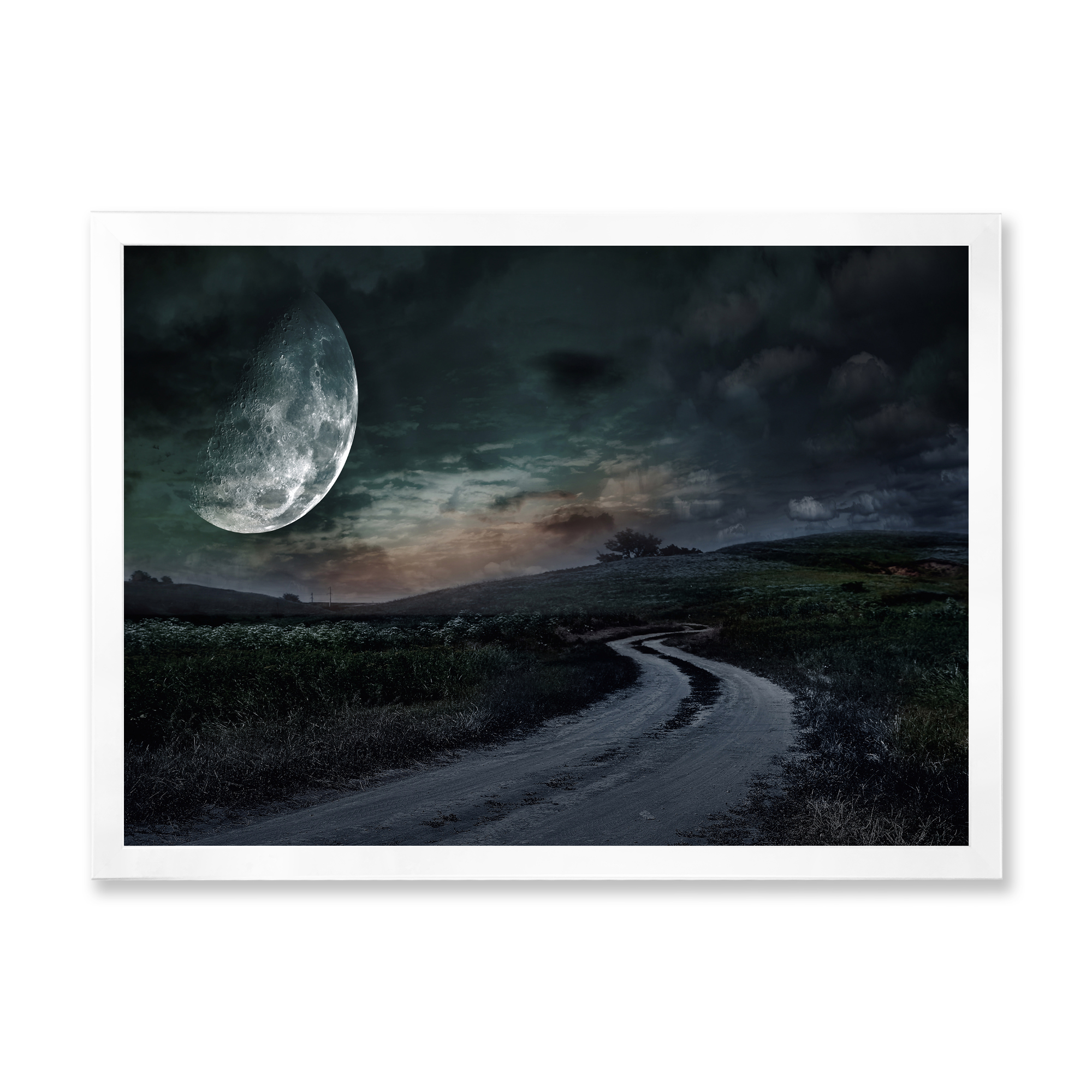 Designart 'The Meadow Under Full Moon With Rural Road Through ' Nautical & Coastal Framed Art Print