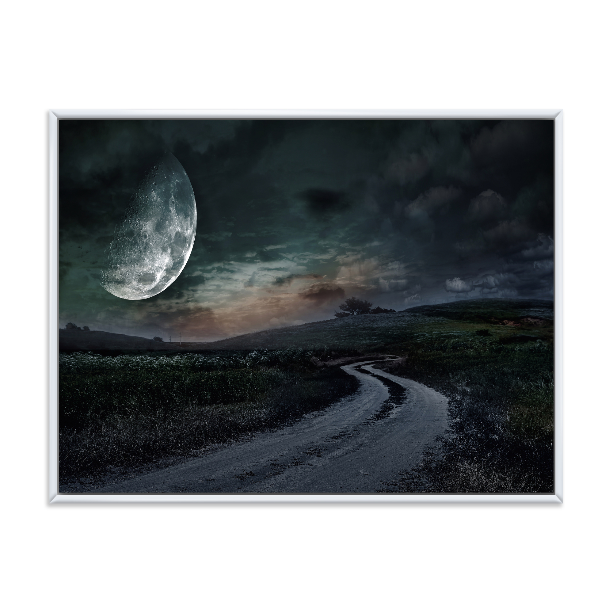 Designart 'The Meadow Under Full Moon With Rural Road Through ' Nautical & Coastal Framed Canvas Wall Art Print