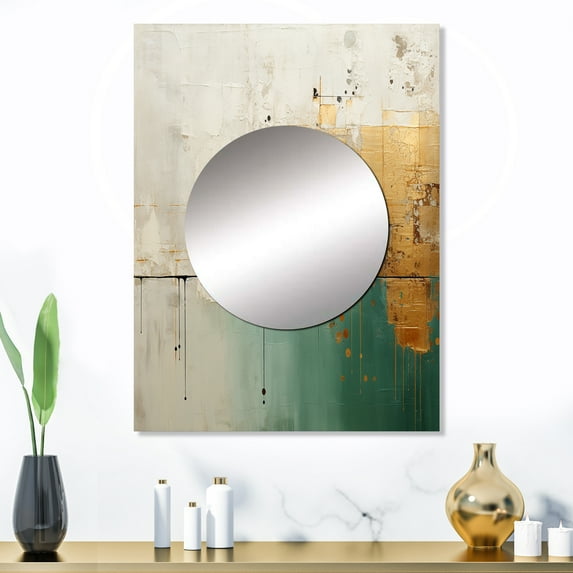 Designart "The Minimalistic Horizon in Gold and Teal II" Abstract Painting Mirror Wall Decor - Modern Beige Abstract Living Room Wall Mirror Art - 32" x 24" Inch