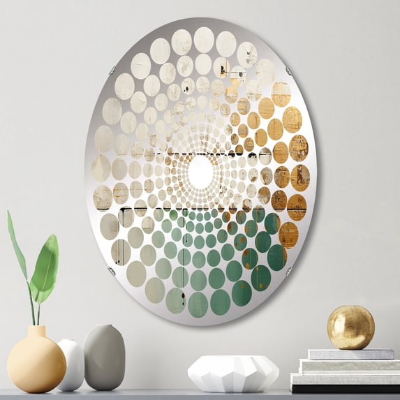 Designart "The Minimalistic Horizon in Gold and Teal II" Abstract Painting Radial Dot Round Wall Mirror - Abstract Oval Printed Decorative Mirror - Multiple Color Options