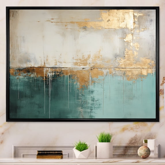 Designart "The Minimalistic Horizon In Gold And Teal" Abstract Painting Floater Framed Canvas Prints