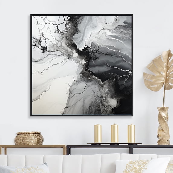 Designart "The Monochromatic Liquid Ink River" Abstract Liquid Ink Floater Framed Canvas Art Print