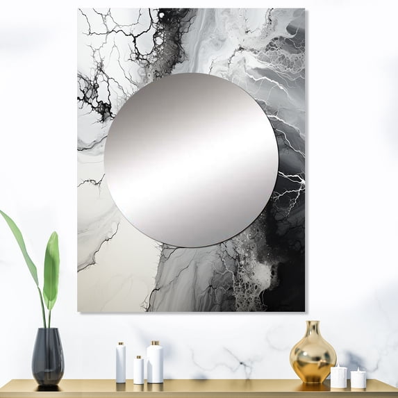 Designart "The Monochromatic Liquid Ink River" Abstract Liquid Ink Mirror Wall Decor - Modern Black Abstract Mirror Wall Art For Entryway - 40" x 30" Inch