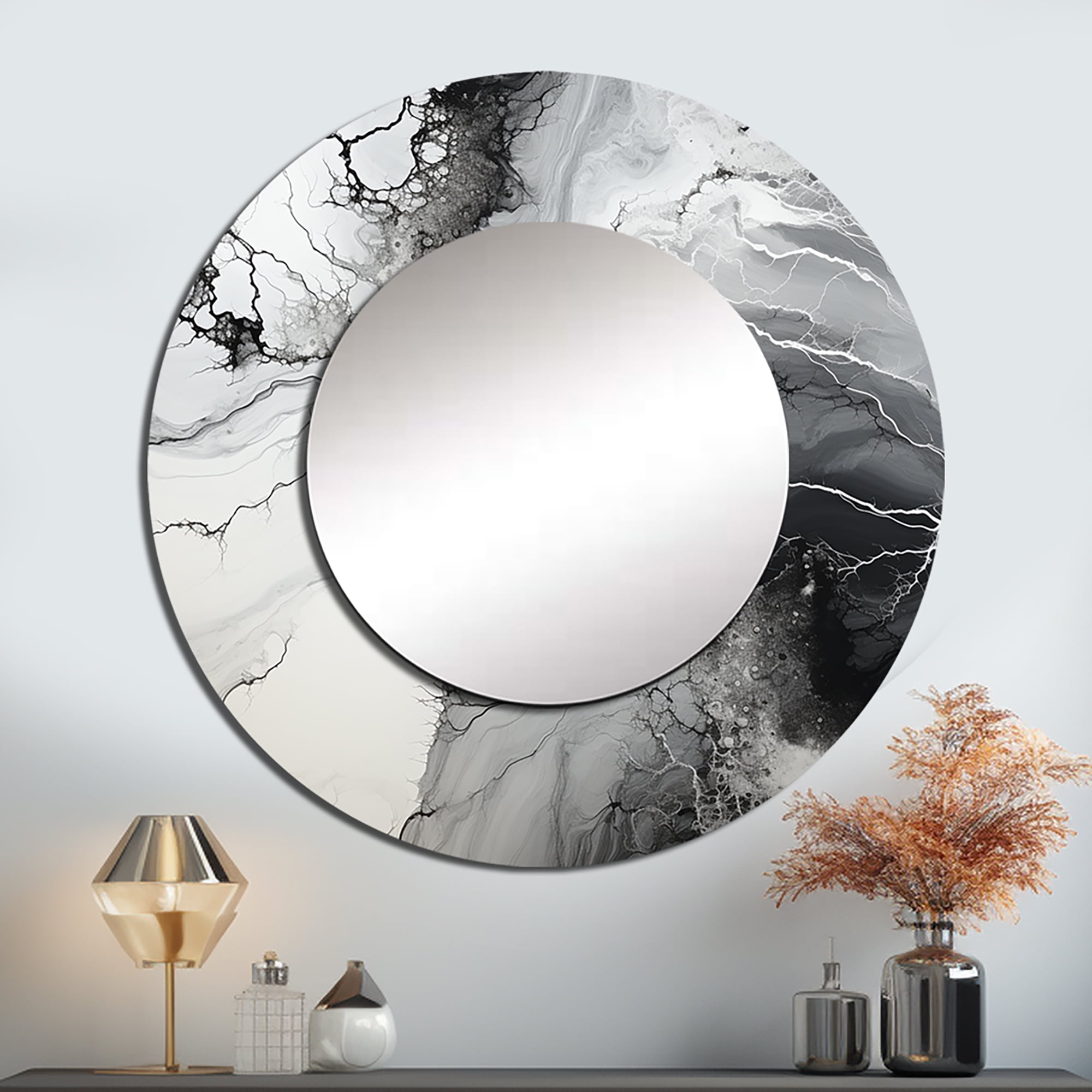 Designart "The Monochromatic Liquid Ink River" Abstract Liquid Ink Round Mirror Wall Decor ...