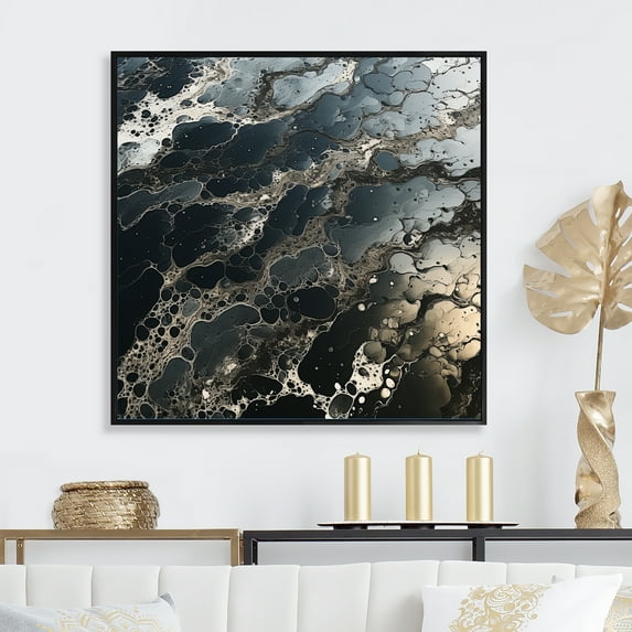 Designart "The Monochromatic Liquid Ink River II" Abstract Liquid Ink Floater Framed Wall Art Living Room