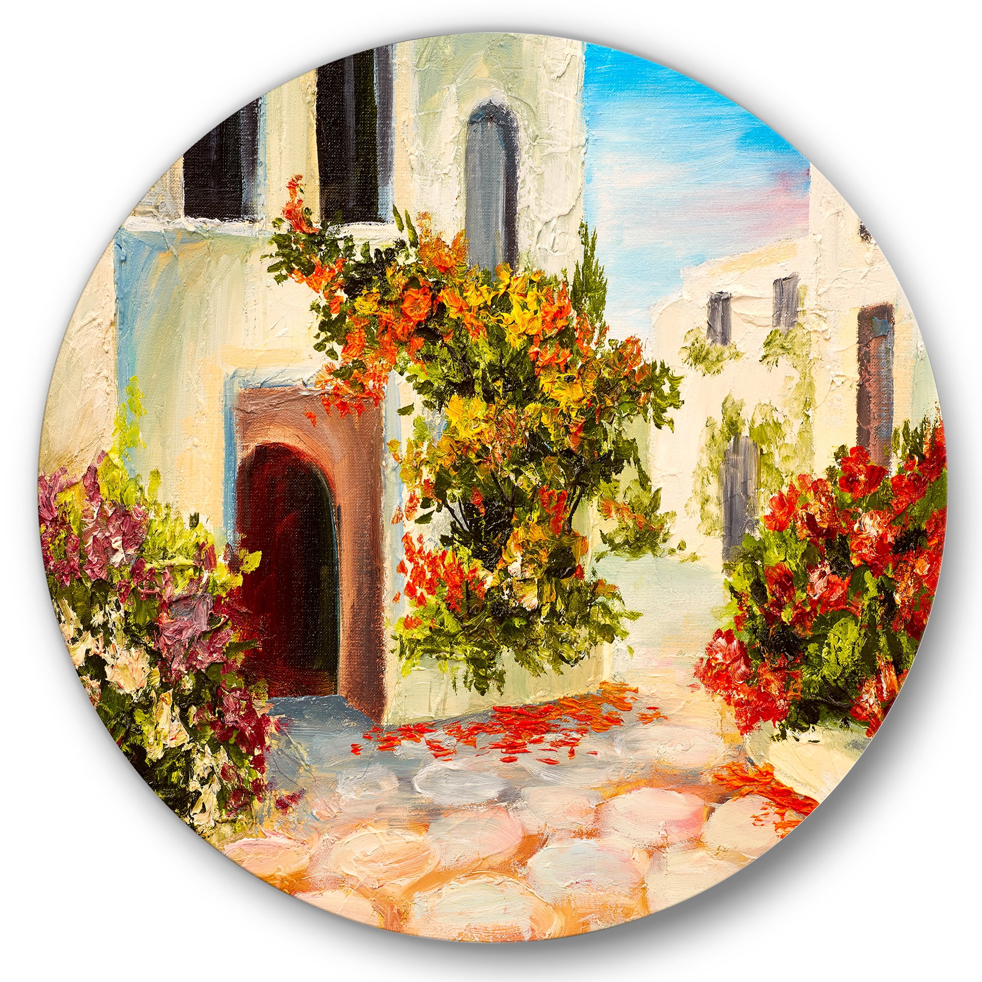 Designart 'The Mountain With Flowers With Little House I' Nautical & Coastal Circle Metal Wall Art 29x29 - Disc of 29