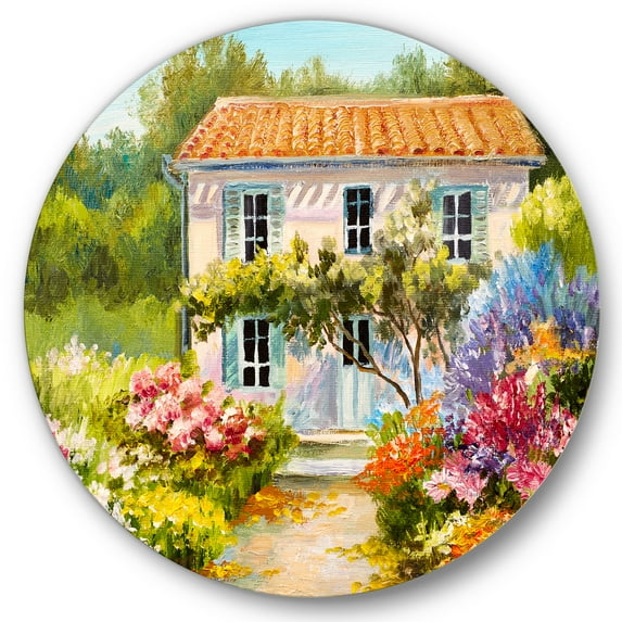 Designart 'The Mountain With Flowers With Little House II' Traditional Circle Metal Wall Art 23x23 - Disc of 23