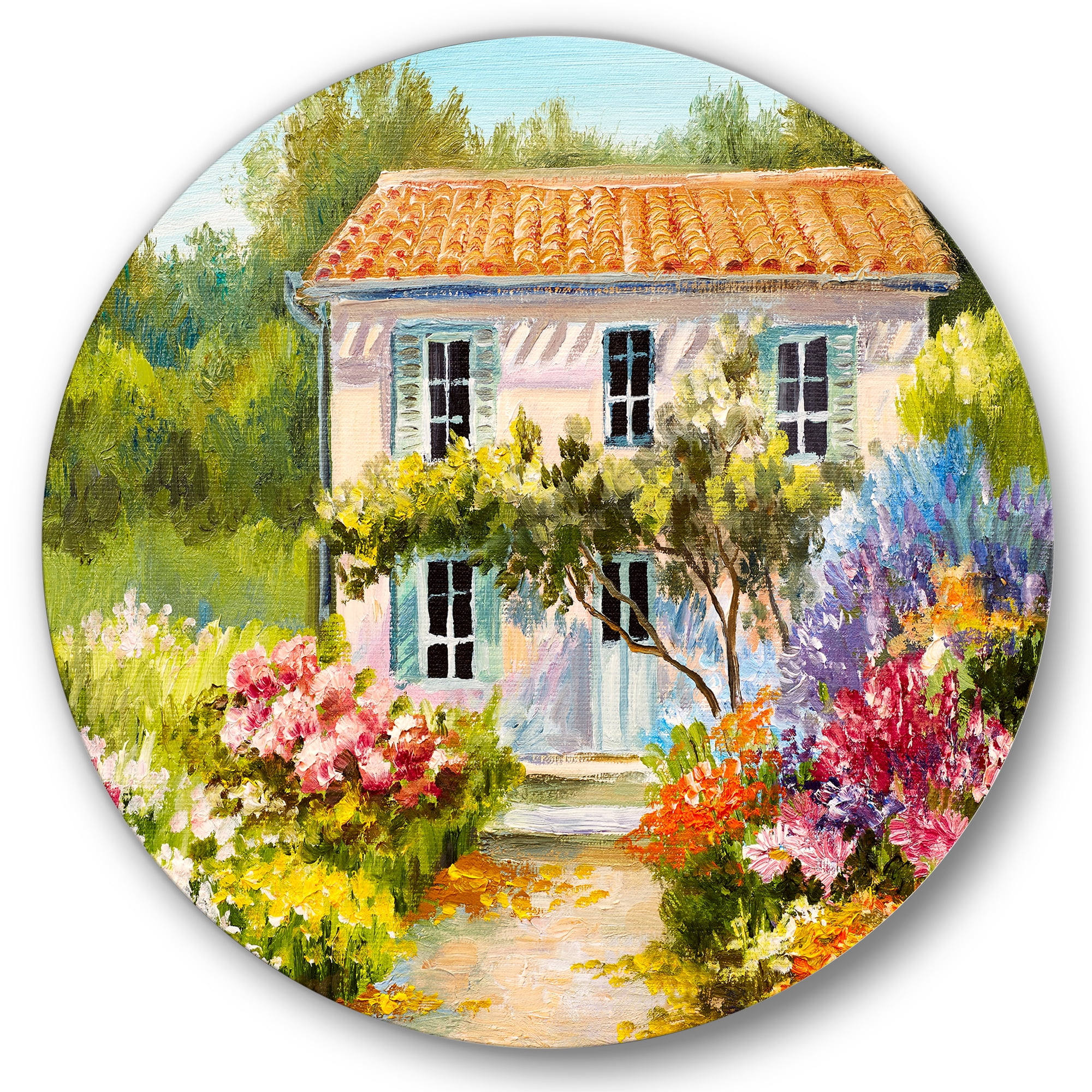 Designart 'The Mountain With Flowers With Little House II' Traditional Circle Metal Wall Art 29x29 - Disc of 29