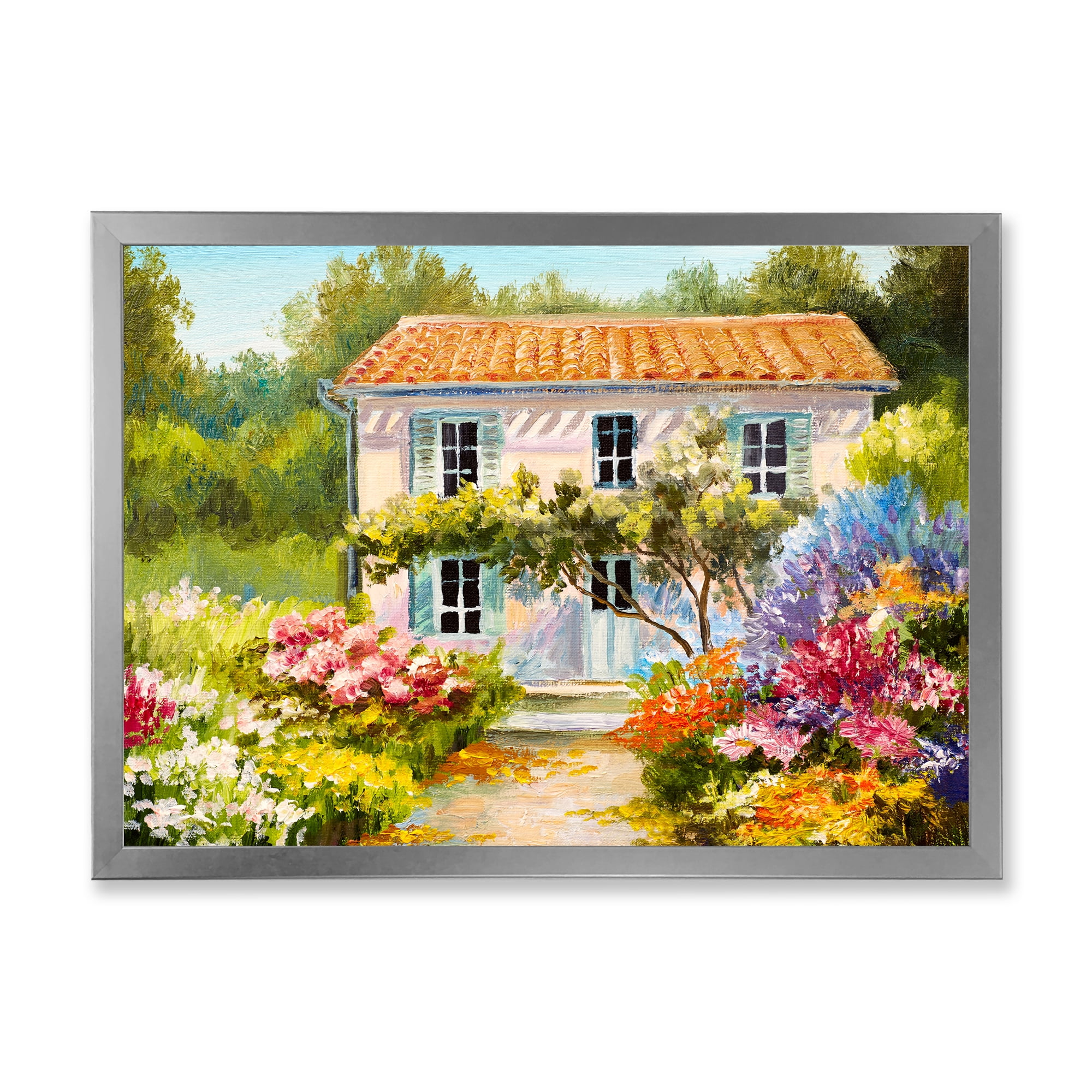Designart 'The Mountain With Flowers With Little House II' Traditional Framed Art Print