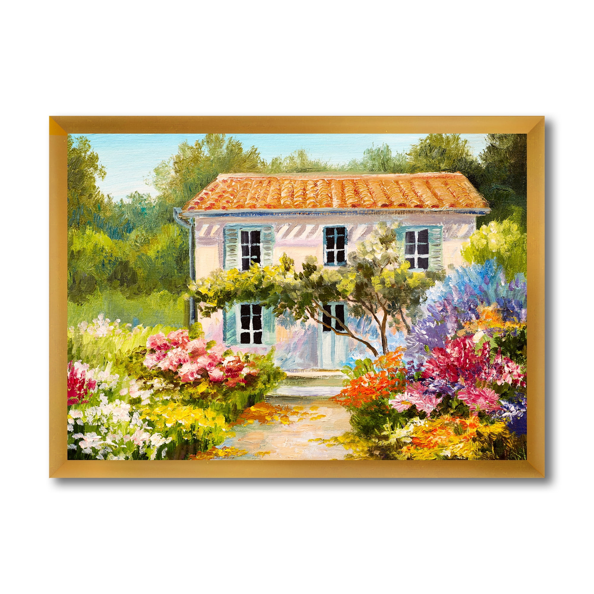 Designart 'The Mountain With Flowers With Little House II' Traditional Framed Art Print