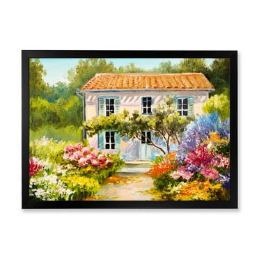 Designart 'The Mountain With Flowers With Little House II' Traditional Framed Art Print