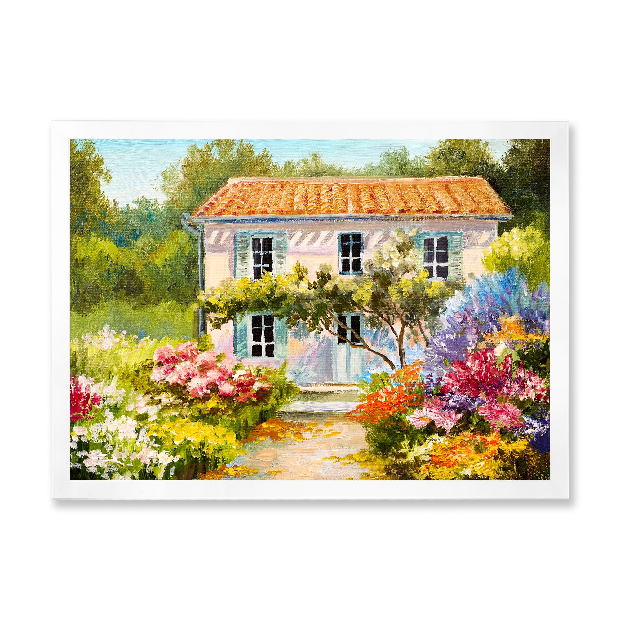Designart 'The Mountain With Flowers With Little House II' Traditional Framed Art Print