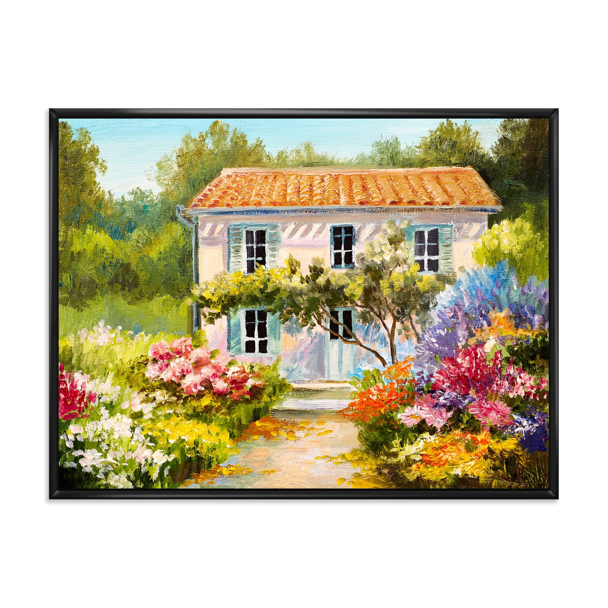 Designart 'The Mountain With Flowers With Little House II' Traditional Framed Canvas Wall Art Print