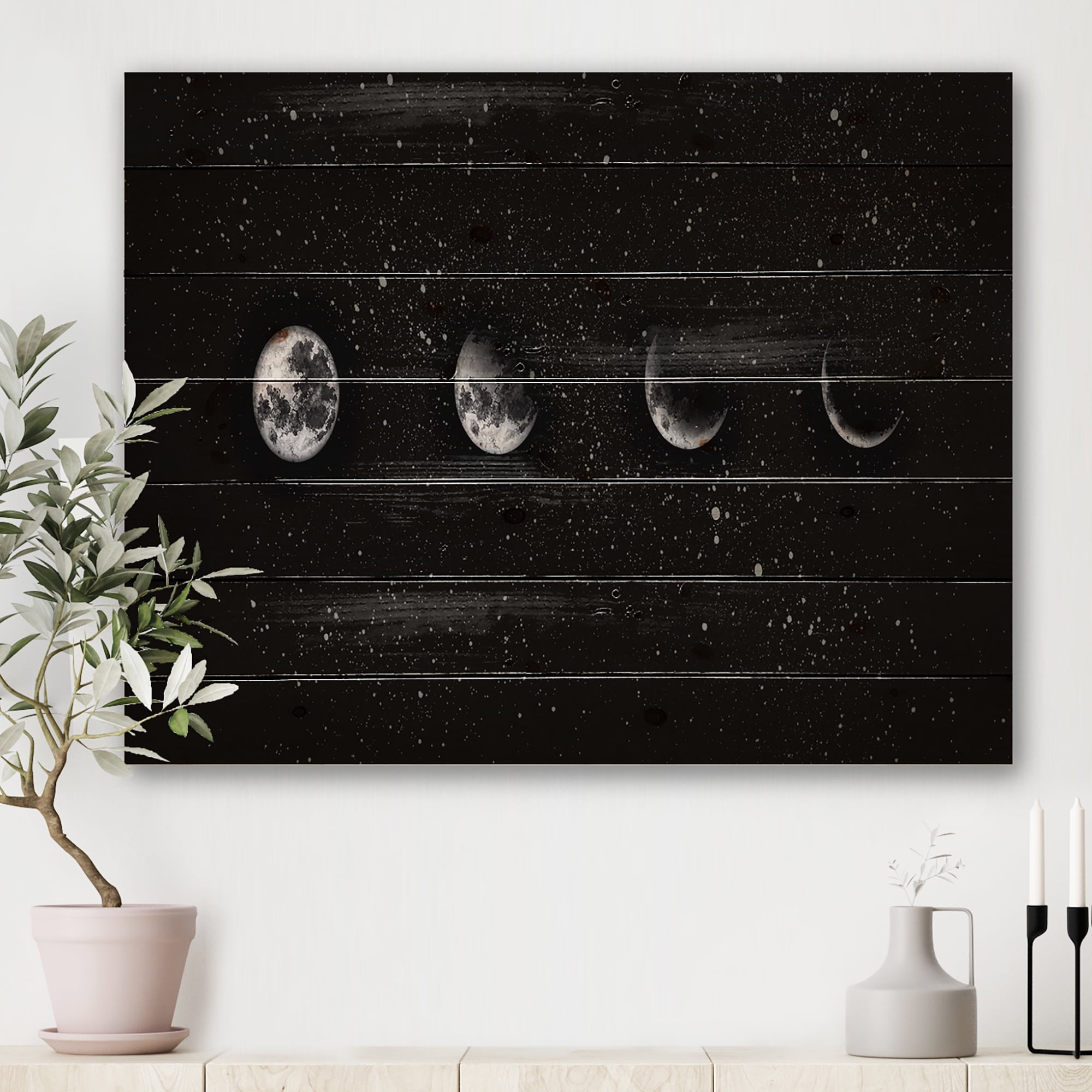 Designart 'The Night Sky With Moon Phases' Modern Print on Natural Pine Wood