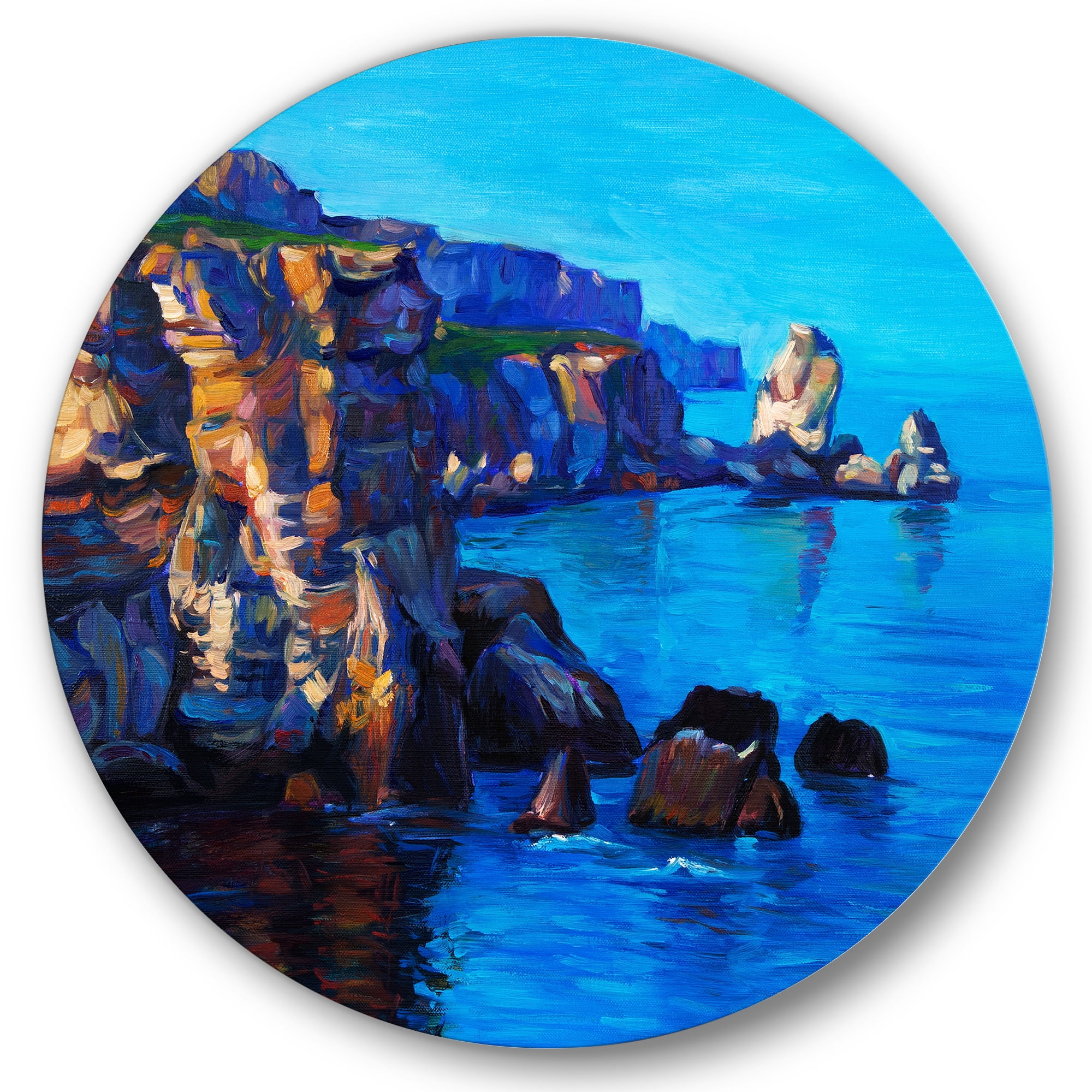 Designart 'The Ocean By Cliffs In The Evening Glow' Nautical & Coastal Circle Metal Wall Art 29x29 - Disc of 29