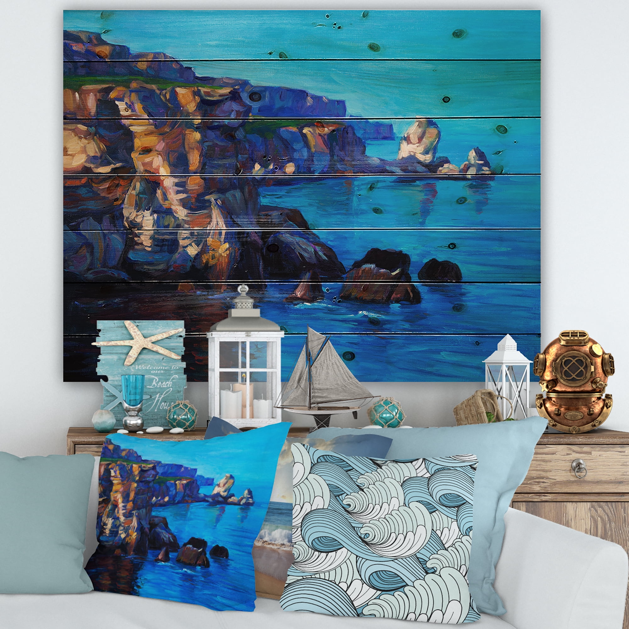 Designart 'The Ocean By Cliffs In The Evening Glow' Nautical & Coastal Print on Natural Pine Wood