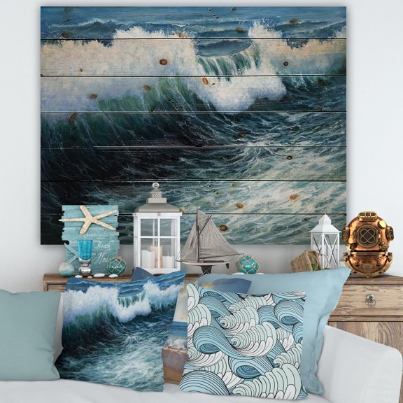 Designart 'The Ocean With Storm Waves' Nautical & Coastal Print on Natural Pine Wood
