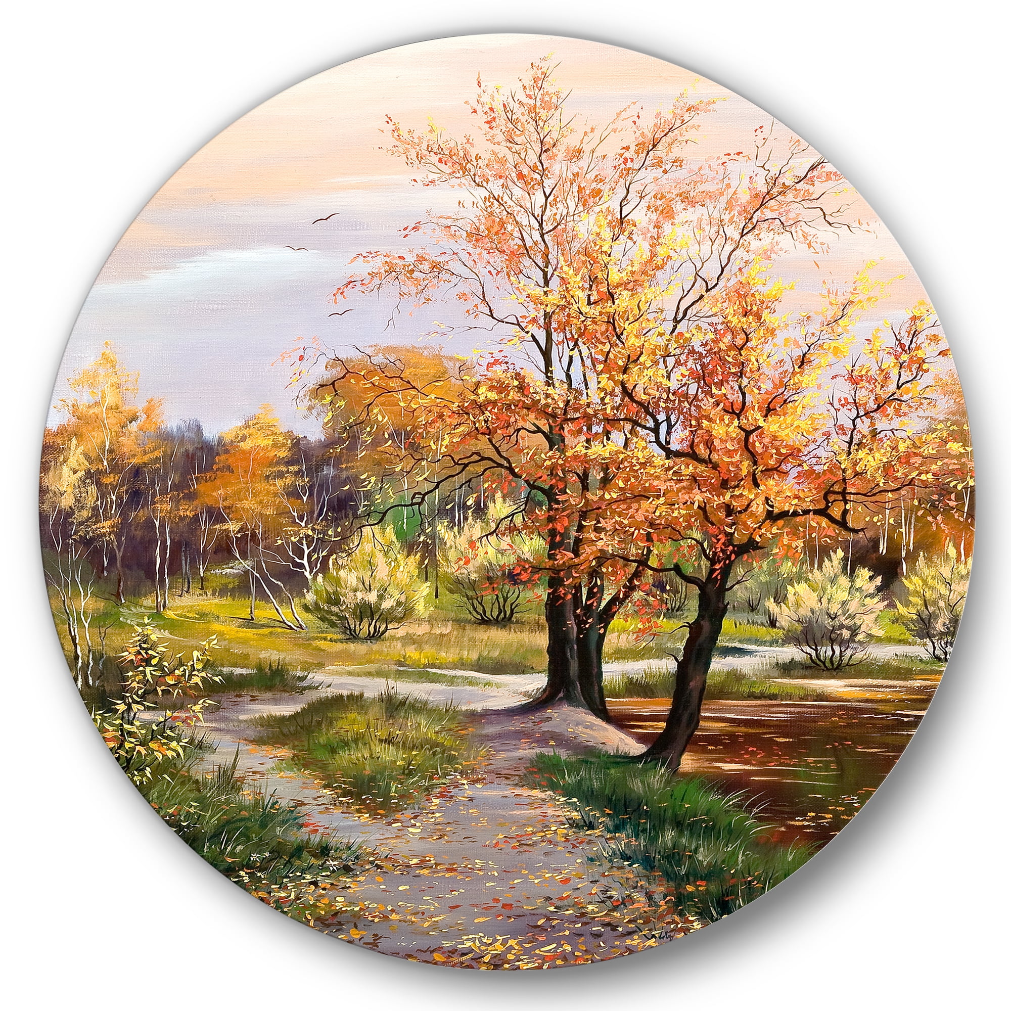 Designart 'The Orange Woods Along River' Country Circle Metal Wall Art 23x23 - Disc of 23