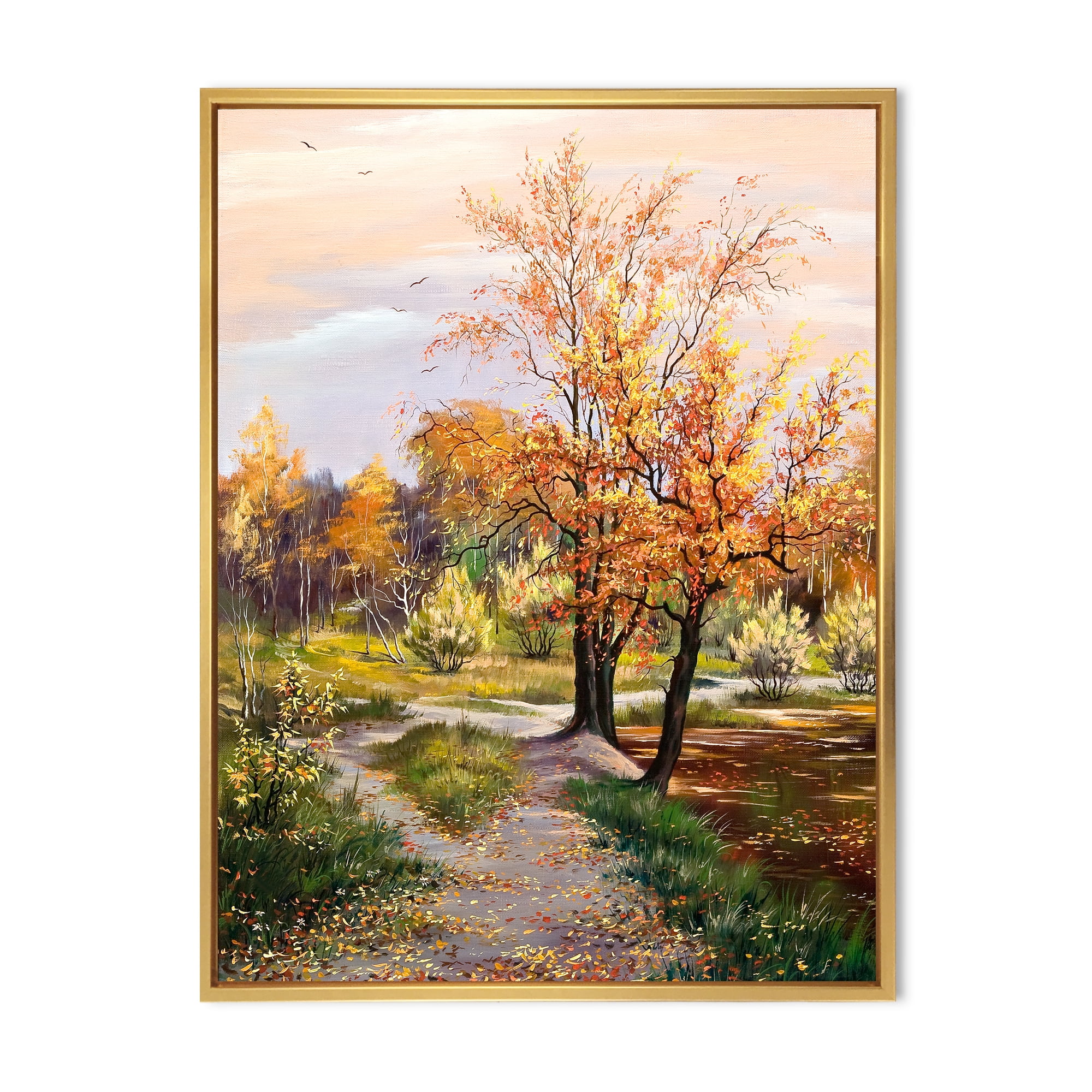 Designart 'The Orange Woods Along River' Country Framed Canvas Wall Art Print