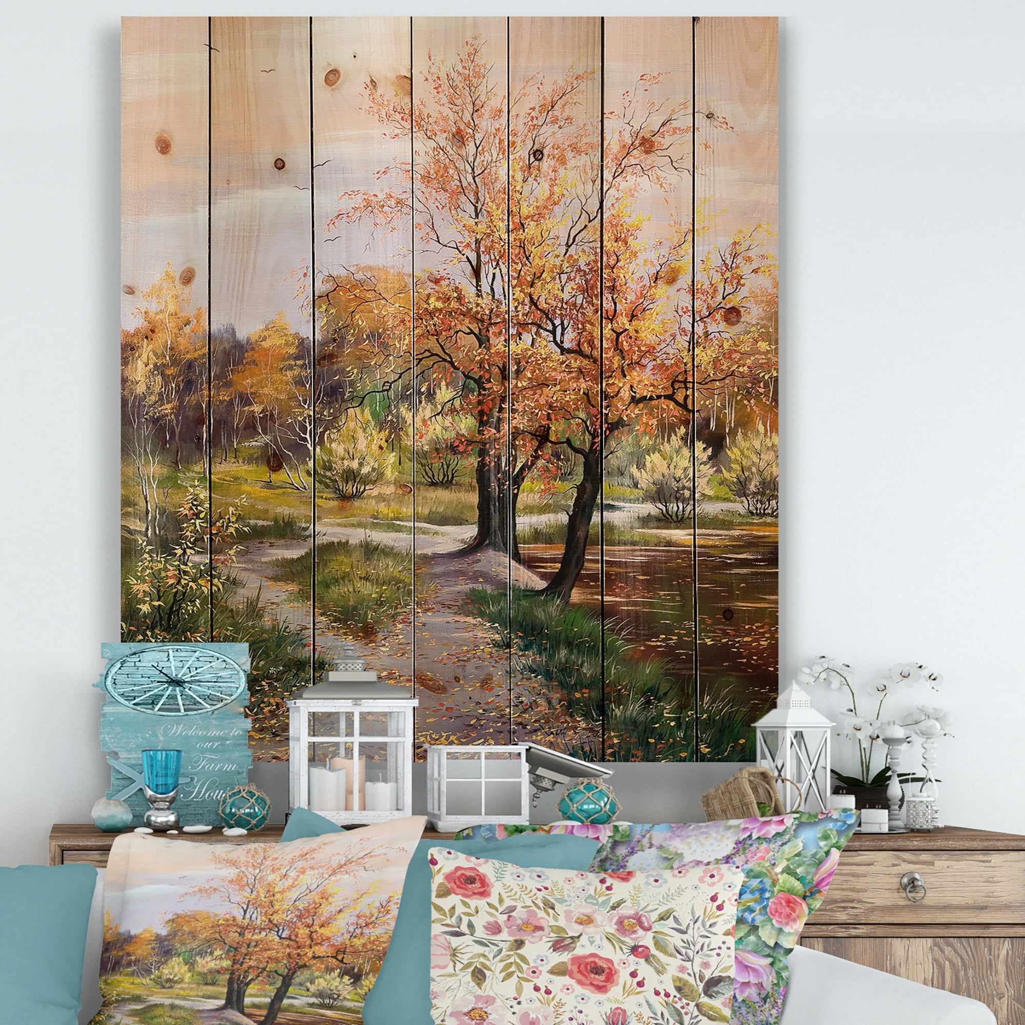 Designart 'The Orange Woods Along River' Country Print on Natural Pine Wood