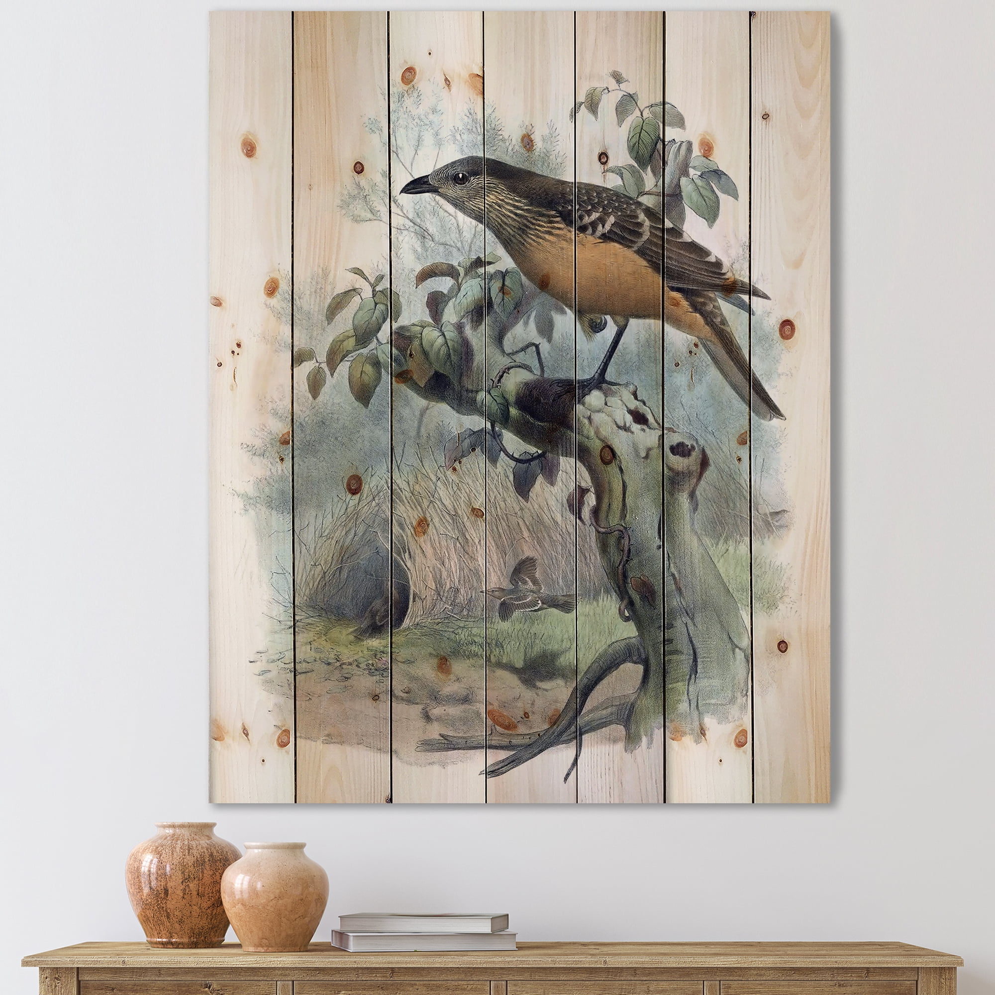 Designart 'The Paradise Birds on a Tree Branch' Traditional Print on Natural Pine Wood