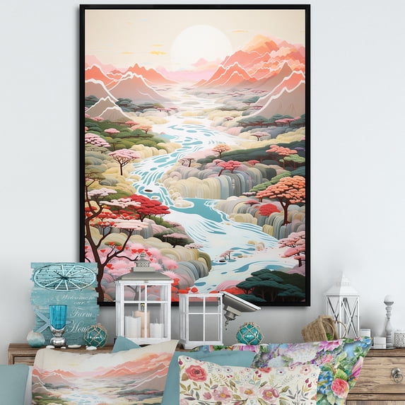 Designart "The Pastel Dreamscape Of Kawaii Lakes And Rivers" Landscape Lake River Floater Framed Canvas Prints