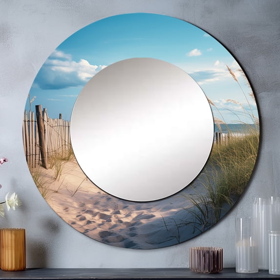 Designart "The Path Leading to the Beach IV" Beach & Ocean Rund Mirror For Wall Decor - Large Beige Round Printed Mirror - Coastal Round Mirror 23" x 23" Inch