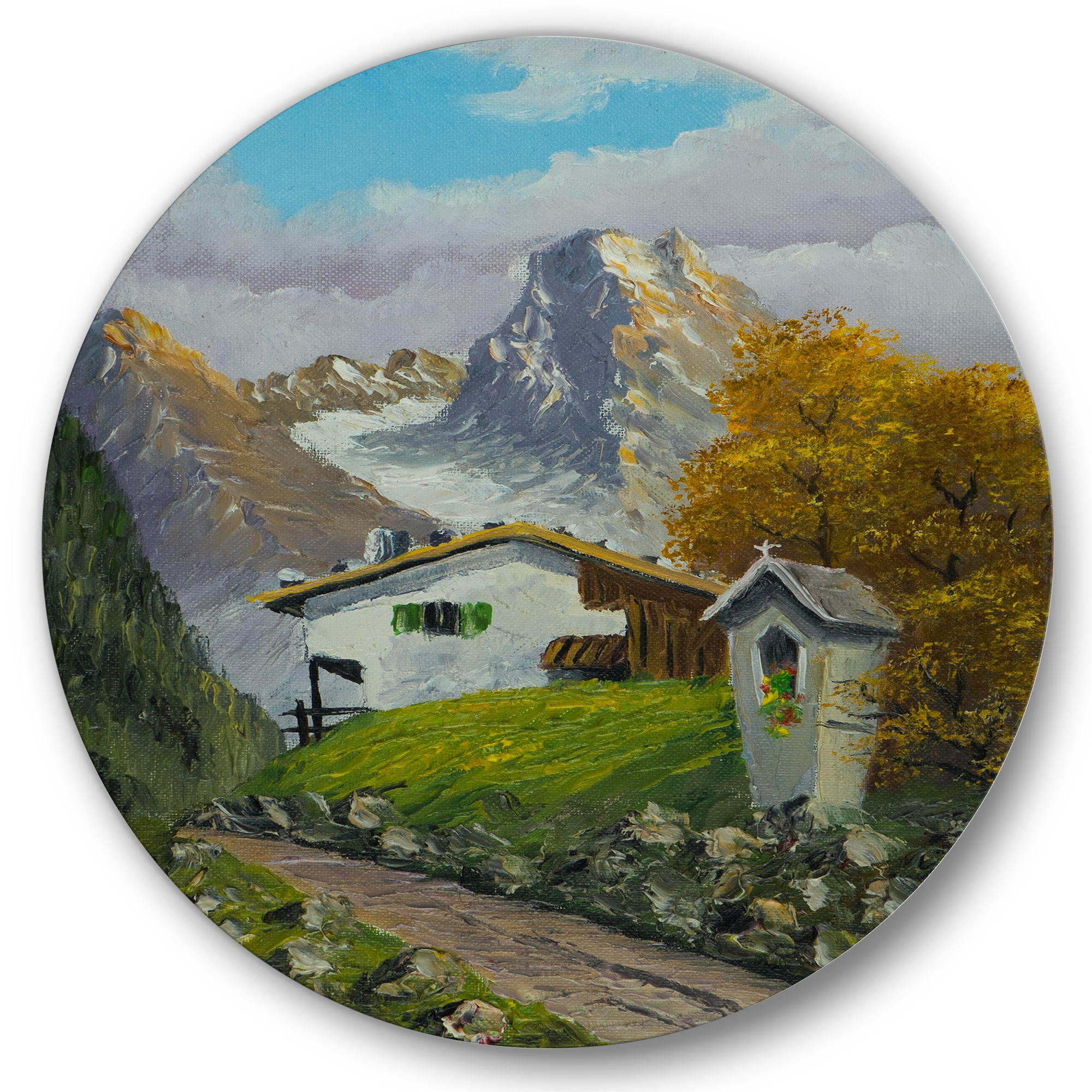 Designart 'The Path Leading To A House Along Wayside Shrine' Farmhouse Circle Metal Wall Art 11x11 - Disc of 11
