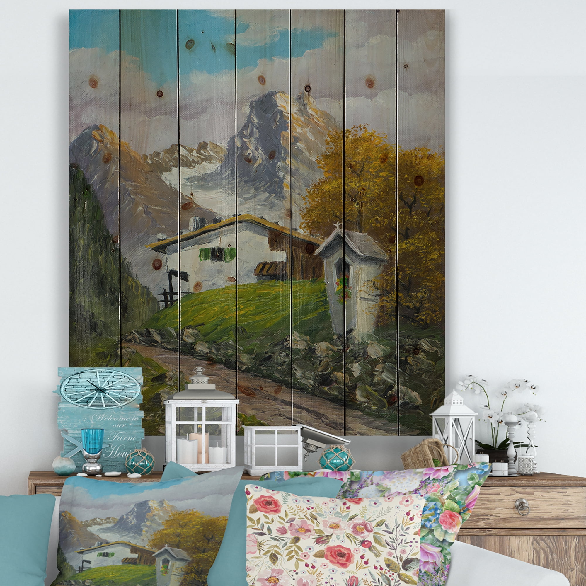 Designart 'The Path Leading To A House Along Wayside Shrine' Farmhouse Print on Natural Pine Wood
