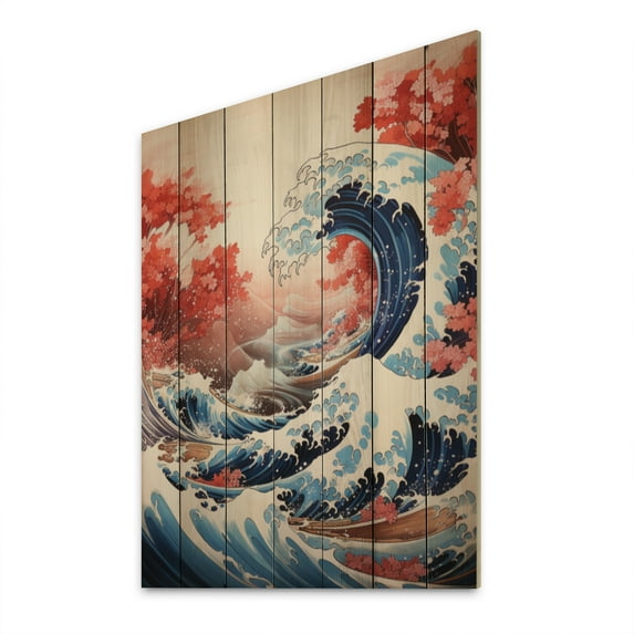 Designart "The Red Great Wave A Masterpiece from Kanagawa II" Nautical & Beach Print on Natural Pine Wood