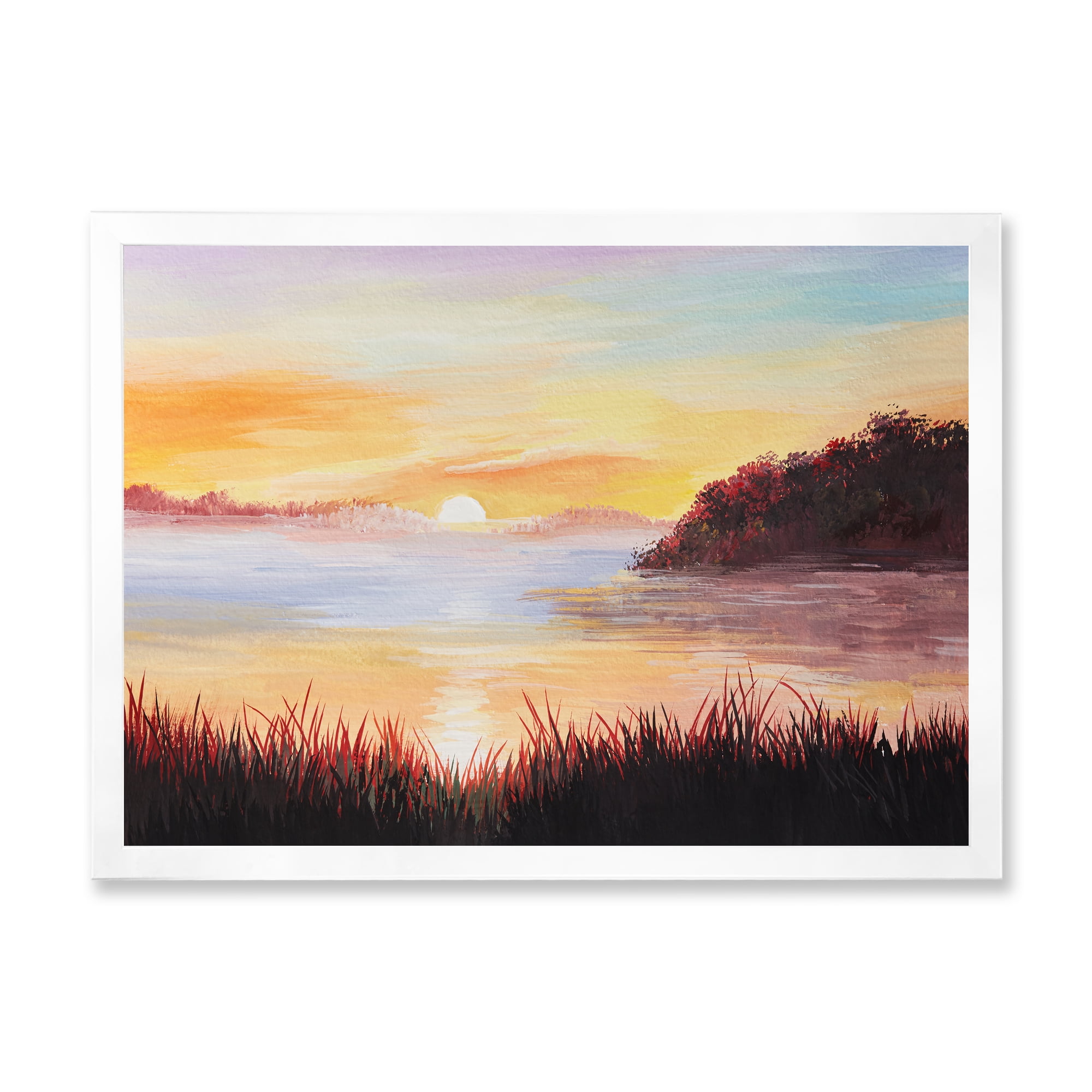 Designart 'The Reeds On The Lake In Evening Glow' Nautical & Coastal Framed Art Print
