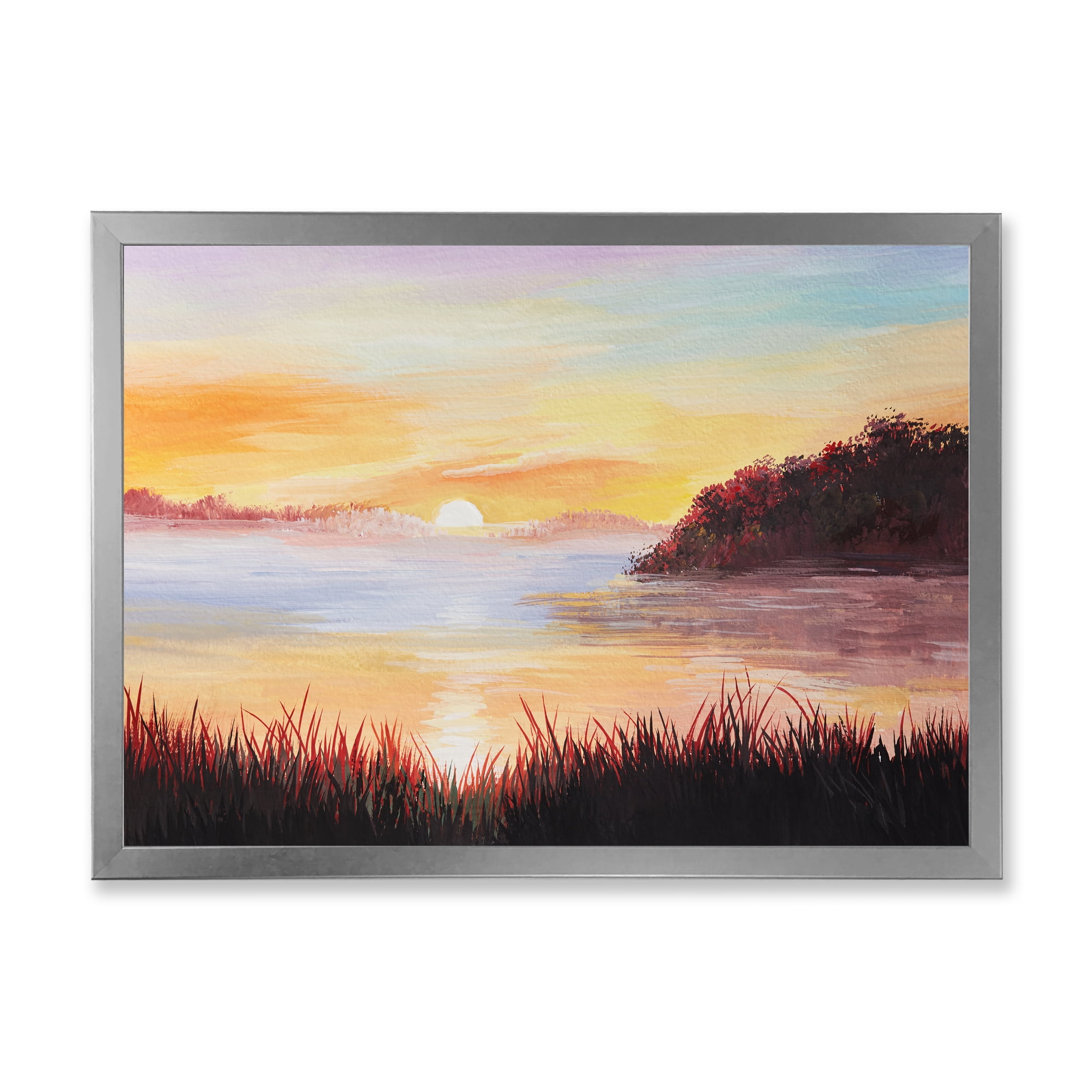 Designart 'The Reeds On The Lake In Evening Glow' Nautical & Coastal Framed Art Print