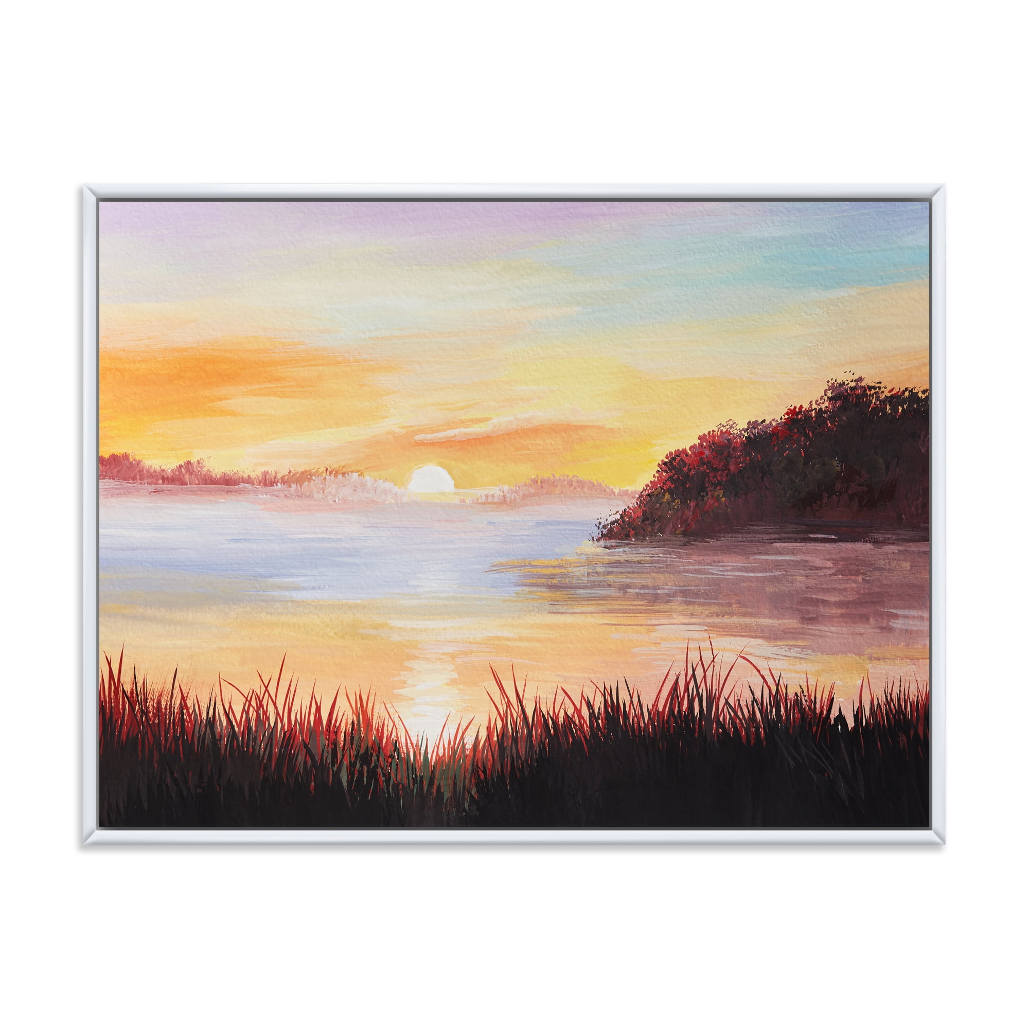 Designart 'The Reeds On The Lake In Evening Glow' Nautical & Coastal Framed Canvas Wall Art Print