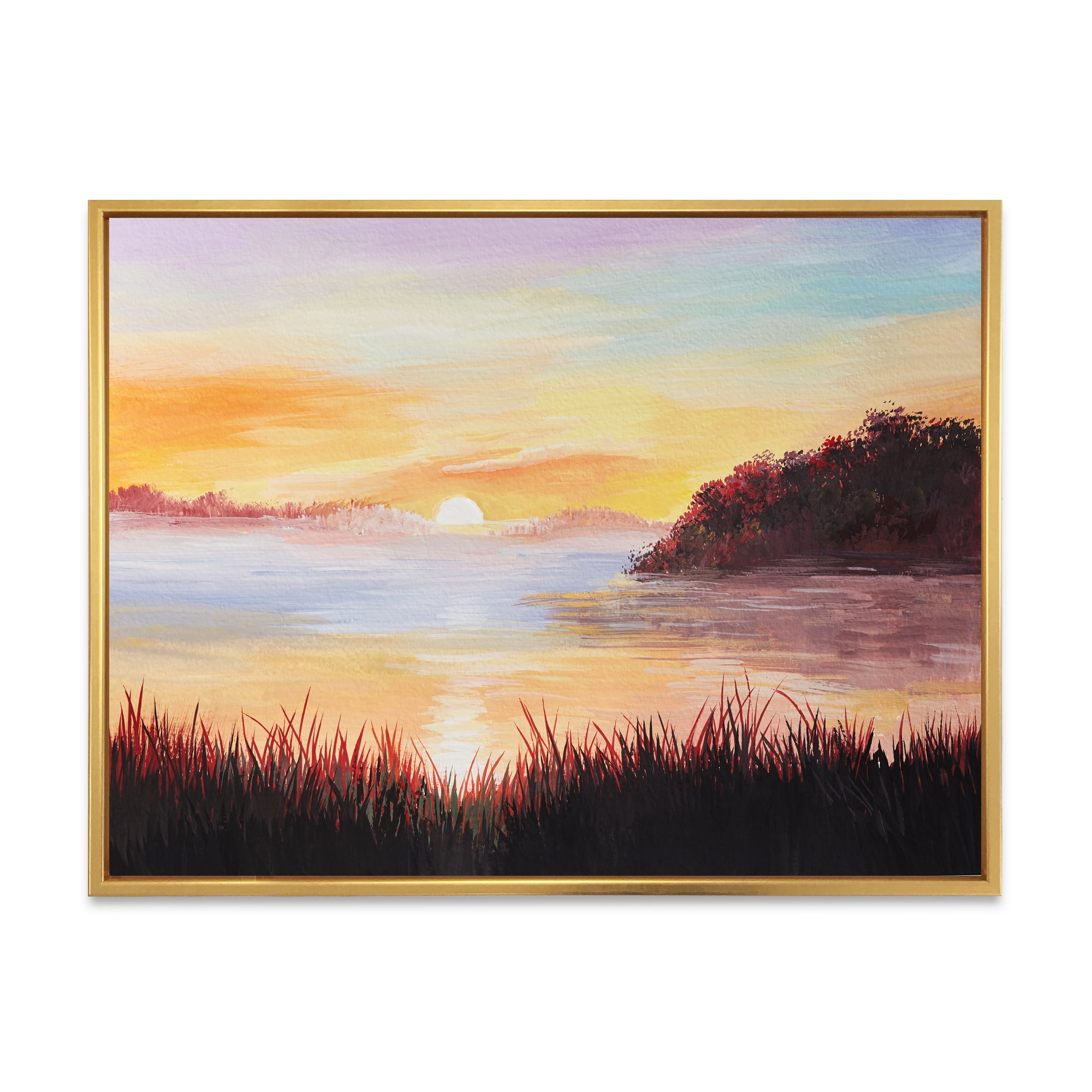 Designart 'The Reeds On The Lake In Evening Glow' Nautical & Coastal Framed Canvas Wall Art Print