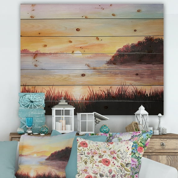 Designart 'The Reeds On The Lake In Evening Glow' Nautical & Coastal Print on Natural Pine Wood