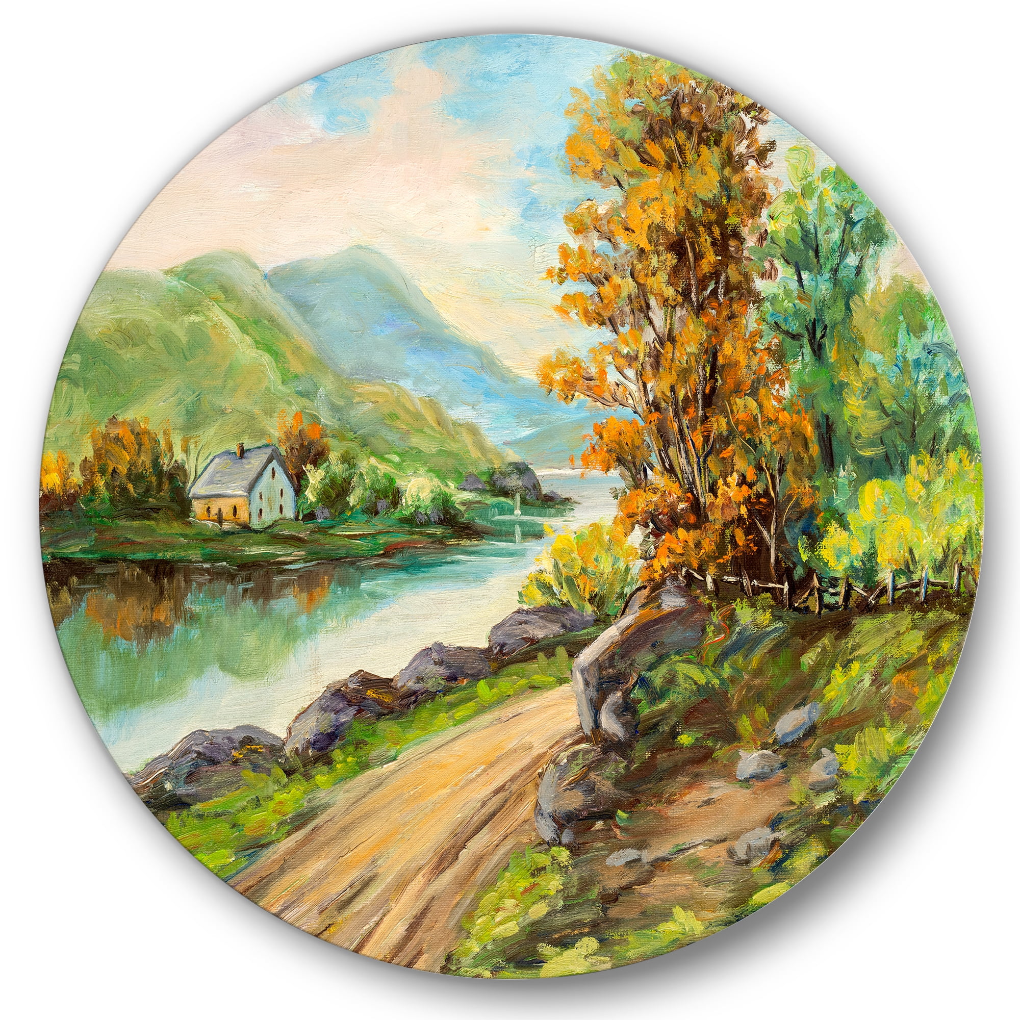 Designart 'The River By The Rural Road' Traditional Circle Metal Wall Art 29x29 - Disc of 29