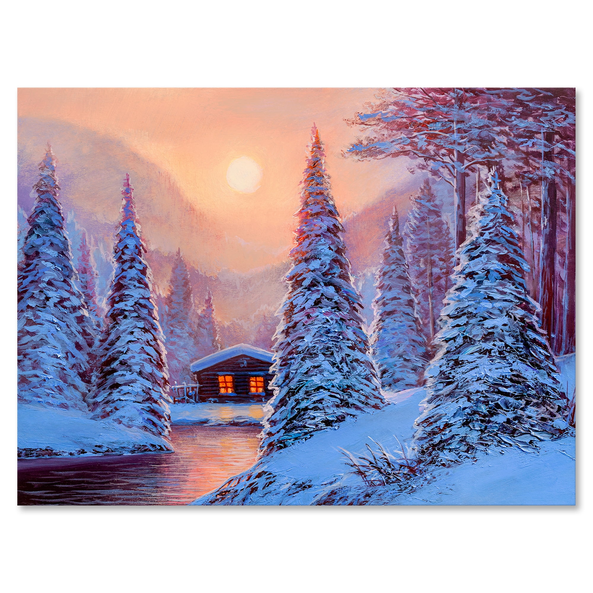 Designart ' The River House In The Woods and Winter Landscape I ' Lake House Canvas Wall Art Print