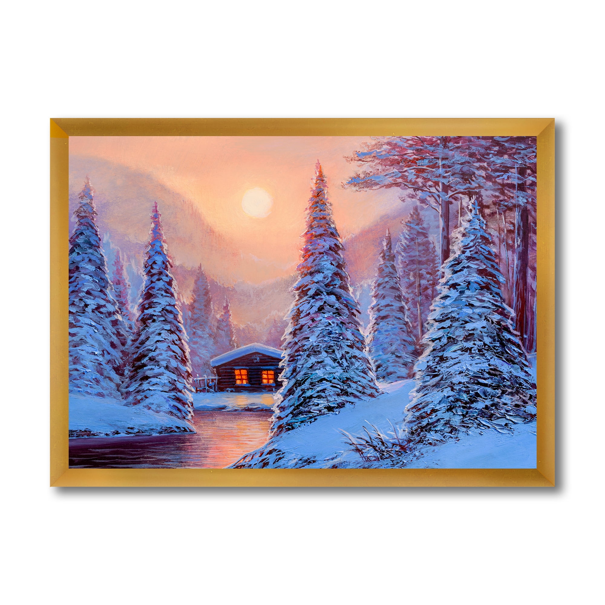 Designart 'The River House In The Woods and Winter Landscape I' Lake House Framed Art Print