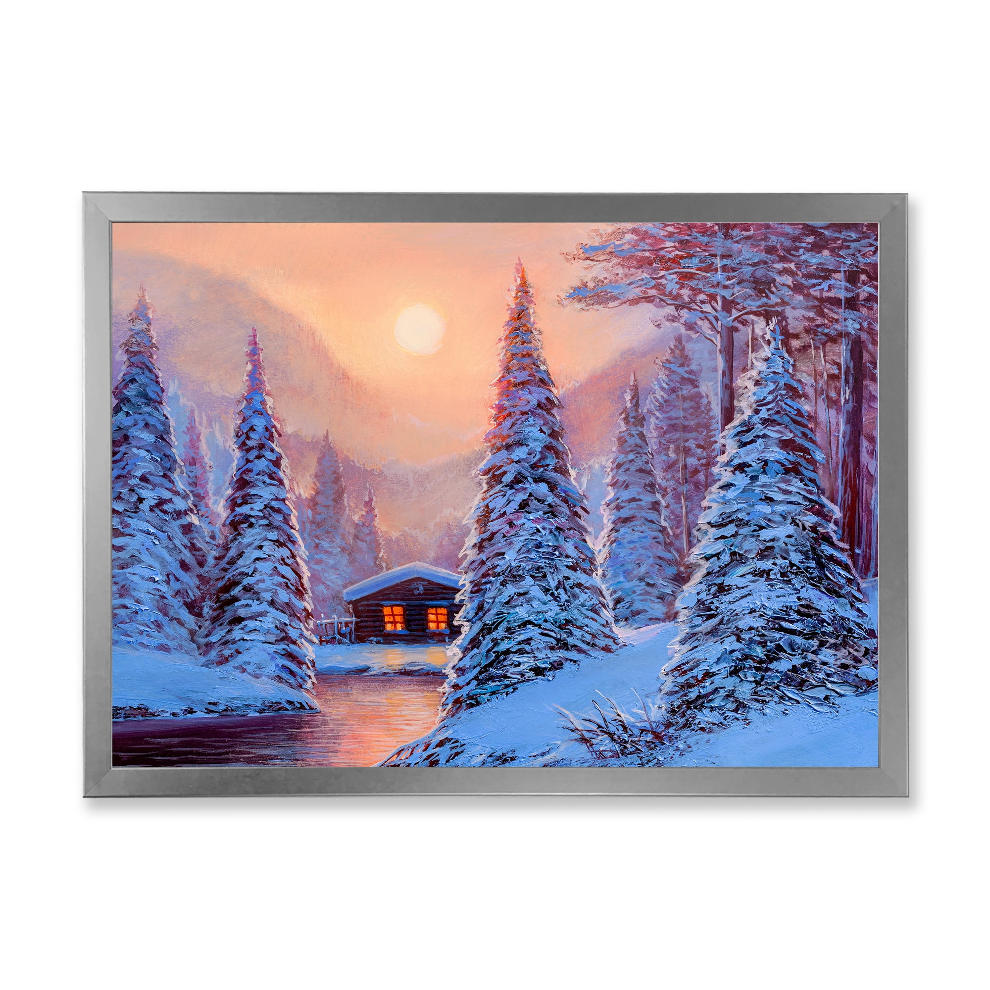 Designart 'The River House In The Woods and Winter Landscape I' Lake House Framed Art Print